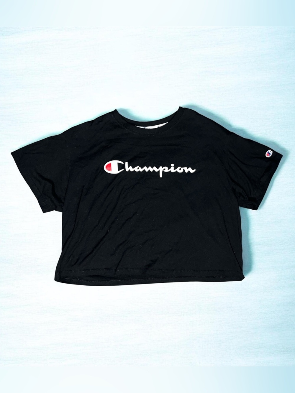 Champion Black Crop Tee with White Script Logo